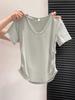 Top Corto Tierno Amarillo Blanco para Mujer en Verano, Pequeño Reductor de Edad Cintura Plisada Manga Corta Sencillo Cuello en V Camiseta Hombro Derecho