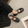 Sapatos Pequenos de Couro Versátil de Bico Redondo Preto Estilo Chanel de Sola Grossa para Mulheres 2025 Novo Primavera e Outono Mocassins Rasos Retrô Franceses
