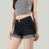 Jeans para mujer con diseño de dobladillo enrollado, tendencia de verano 2026, nuevo estilo versátil, shorts de tiro alto azul oscuro retro que estilizan