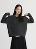 Cárdigan suéter de cuello redondo a bloques de color con rayas grises y negras clásico, una prenda exterior de punto de manga larga versátil para mujer, perfecta para otoño e invierno, con un look relajado y elegante