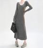 Elegante Vestido de Tricô Estilo Francês 2026 Novo Outono e Inverno Feminino Slim Fit Gola V Base Bodycon Suéter Vestido Longo