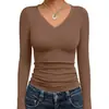 Camiseta de manga larga para mujer, de color liso, casual, básica, con cuello en V, fina, de venta caliente en Aliexpress, importada, estilo Shein, corte ajustado