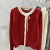 Estilo Coreano Outono e Inverno Novo Estilo Doce e Gentil Cadarço com Laço Cardigan Curto de Tricô Combinação de Cores Suéter de Alta Qualidade para Mulheres
