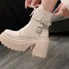 Botines cortos de tacón súper alto que realzan la altura para mujer en otoño e invierno, nuevos, con plataforma, suela gruesa, impermeables, con hebilla de cinturón de plataforma, botas Martin