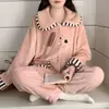 Pijama de Franela para Mujer, Nuevo Estilo Otoño e Invierno, Forrado de Felpa y Engrosado, Cárdigan Lindo de Dibujos Animados de Cachorro, Ropa Caliente de Manga Larga para el Hogar