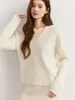 Suéter de Caxemira Feminino Malha Base Camada Três Fios Espessado Gola V Suéter de Caxemira Feminino Solto Emagrecedor Roupa Íntima