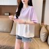 Diseño Nicho Camiseta Color Degradado Mujer Manga Corta Verano 2025 Nuevo Estilo Coreano Holgada Talla Grande Top Manga Media para Mujer