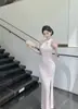Novo Estilo Chinês Cheongsam Melhorado Verão Novo Renda Sexy Afina Cintura Gola Halter Vestido Longo para Mulheres Baixas