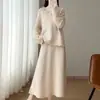 Conjunto de Suéter de Tricô Gola V Espesso de Lã Pura com Mangas Longas e Bordado 3D, Saia de Comprimento Médio, Novidade Outono/Inverno 2026