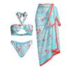 Biquíni Novo Estilo Europeu e Americano 2025 com Decote Halter Saia de Gaze Estampada Sexy Conjunto de Roupa de Banho de Três Peças Amazon Aliexpress