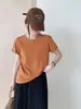 Ying+ Treze Linhas Cor Sólida Simples Manga Rebatível Floco de Neve Algodão Camiseta Gola Redonda Emagrecedora Versátil Manga Curta M36-445 Versão Lisa