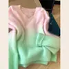 Suéter tejido con gradiente rosa-verde cepillado 100% lana de la marca kiss allow para mujer, se puede usar como prenda exterior o como top interior