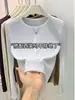 Camiseta de Malla con Lentejuelas Estilo Coreano de Cuello Redondo y Manga Larga para Mujer, Capa Base Sencilla y de Moda, Top Básico para el Trabajo Diario, Moderno
