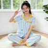 Pijama de Lunares de Dibujos Animados para Mujer, Nuevo Estilo de Verano, Cárdigan de Imitación de Algodón, Ropa de Casa Estilo Celebridad de Internet, Conjunto de Dos Piezas de Manga Corta y Pantalón Largo al por Mayor
