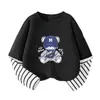 Camiseta Manga Longa Falsa Duas Peças para Meninos Algodão Puro Bonita Estilo Coreano Infantil Solta Novidades 2026 Crianças de Tamanho Médio a Grande Outono Top
