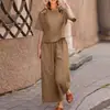 Amazon Traje Casual de Algodón y Lino Color Sólido para Mujer Transfronterizo Verano Nuevo Camiseta de Manga Corta Pantalones de Pierna Ancha Conjunto de Dos Piezas para Mujer