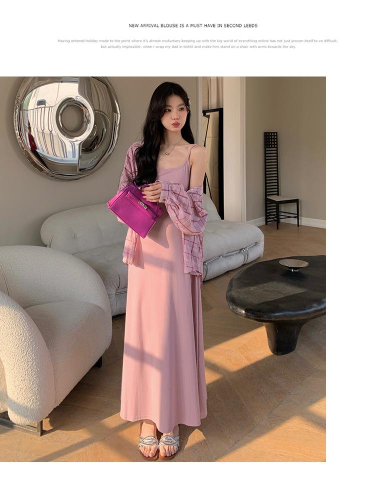 孕妇新品韩版时尚宽松格子衬衫粉色吊带裙两件套