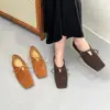 Novos Sapatos Loafers Outono 2024 Tira Camurça Estilo Coreano Versátil Salto Baixo Cano Médio Bico Quadrado Couro Bovino Feito à Mão para Mulheres