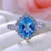 Anel de Topázio Azul Prata S925 Totalmente Cravejado Novo Design de Joias com Topázio Natural Acessórios Simples Atacado