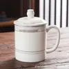 Taza de Cerámica Jingdezhen, Taza de Oficina de Lujo Ligero Pintada en Oro con Tapa, Taza de Té de Aspecto Elevado, Taza para Reuniones de Negocios de Hotel
