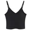 Nova Camisola Feminina de Algodão Canelado com Decote em V para Primavera/Verão, com Bojos Embutidos, Alças Ajustáveis e Barriga Exposta