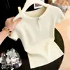 Camiseta de punto fina, suave y de estilo casual para mujer, con media cremallera y manga corta, nuevo top corto ajustado y adelgazante.