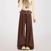 Pantalones de Pierna Ancha Versátiles Adelgazantes de Cintura Alta Estilo Retro con Parches Lavados de Mezclilla a Cuadros