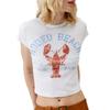 Camiseta de verano para mujer, estilo europeo y americano, de AliExpress, nueva, con cuello redondo, estampado, manga corta, ajustada, sexy, de cintura baja.