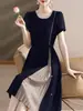 Vestido de verano a la moda para madres, vestido de cuello redondo y manga corta, vestido irregular de longitud media elegante y con estilo para mujeres de mediana edad de 50 años