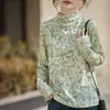 2025 Novo Tricô de Gola Alta Meia-Manga Outono e Inverno Manga Longa Feminino Estampa Floral Pulôver Solto Camisa Base Top
