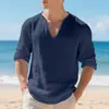 Camisa Casual de Lino para Hombre, Transfronteriza Europea y Americana, Holgada, Cuello en V, Manga Larga, Color Sólido, Holgada, Algodón-Lino, Transpirable, Camisa Base