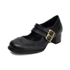 Zapatos de Salón Franceses de Tacón Medio Grueso Puntiagudos para Mujer 2025 Nuevos Zapatos Mary Jane Retro de Doble Botonadura 40-43 Exportación