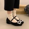 Início da primavera de 2025, novos sapatos de salto alto grosso, pretos, com cabeça quadrada e strass, sapatos femininos Mary Jane Mao com forro de lã