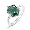 Anillo de Piedra de Musgo Verde Geométrico Único de Venta Caliente Transfronteriza de Amazon Anillo para el Dedo Índice de Plata S925 Incrustado con Ágata Acuática
