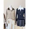 Suéter de punto fino de lana a rayas estilo universitario con cuello POLO, corte ajustado, para mujer, nuevo modelo 2026, suéter holgado y adelgazante 18684