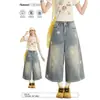 Calça Jeans Wide Leg Estampada de Estrela Retro Americana Transfronteiriça para Homens, Novo Estilo de Verão, Lavada e Desgastada, Calça Cropped de Caimento Solto