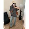 Estilo Nuevo de Principios de Primavera Atmósfera Relajada Estilo Coreano Color de Contraste Rayas Cuello Redondo Holgado Manga Corta Camiseta Mq0348