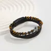 Nuevo Pulsera Trenzada de Cuero Cruzada de Tres Capas Europea y Americana Pulsera de Piedra Ojo de Tigre Natural para Hombre Pulsera de Perlas Joyería