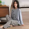 Pijama Feminino Novo Estilo, Algodão Puro, Calça de Manga Longa, Doce Estilo Menina Outono Roupa de Casa, Pulôver Gola Redonda, Pode Ser Usado Fora de Casa, Conjunto