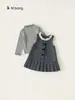 Bangxuan roupas infantis vestido para meninas conjunto de duas peças com gola de renda, vestido colete, blusa de coração com poá, conjunto infantil