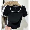 Camiseta Cuadrada de Manga Corta con Bloques de Color Versátil Estilo Europeo para Mujer, Nuevo Top Ajustado con Dobladillo Curvo Verano 2026