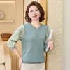 Suéter de punto de cuello redondo con mangas de gasa para otoño de madre de mediana edad, camiseta de punto de otoño para mujer de mediana edad, top básico