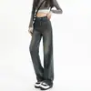 Jeans de Pierna Ancha Color Gris Cemento para Mujer Sueltos Primavera y Otoño Cintura Alta Ropa de Primavera Nostálgico Retro Edición Estrecha Pantalones Rectos 0