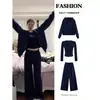Conjunto de otoño para mujer 2026 nuevo casual deportivo sudadera azul marino y pantalones estilo coreano conjunto completo para principios de otoño