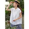 2026 Nuevo Estilo de Verano Blusa Delgada, Holgada y Elegante con Cuello Peter Pan, Camisa Versátil de Manga Corta, Camisa de Algodón y Lino de Color Puro para Mujer