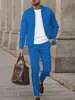Conjunto casual masculino liso com zíper e bolso, apresentando uma jaqueta cardigã slim fit com gola de lapela e calça esportiva com cordão
