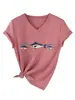 Amazon eBay sitio independiente moda casual para mujer camiseta de manga corta con cuello en V y estampado de tres peces, stock disponible de comercio exterior