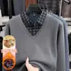 Suéter para Hombre con Forro Polar, Grueso y Cálido, Cuello Camisero, Para mediana edad y mayores, Falso dos piezas, Ropa de Papá, Prenda de Invierno