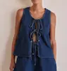 Estación Independiente Transfronteriza Estilo Europeo y Americano Moda de Verano Casual Sin Mangas con Cordones Cintura Alta Chaleco para Mujer Conjunto de Shorts de Mezclilla