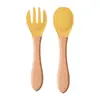 Directamente del fabricante: cucharas y tenedores suaves de silicona de grado alimenticio, utensilios para alimentos complementarios para niños, juego de entrenamiento de cuchara y tenedor con mangos de madera